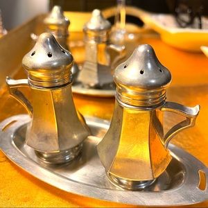 Vintage V. Lollo Pewter Salt and Pepper Shakers with Matching Trays, Set of Two.